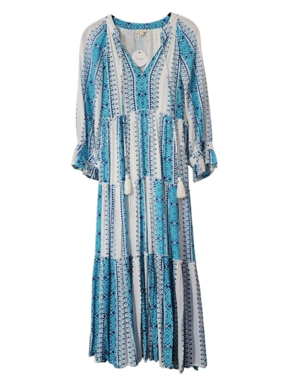 En Creme Blue & White Patterned Tiered Maxi Dress
